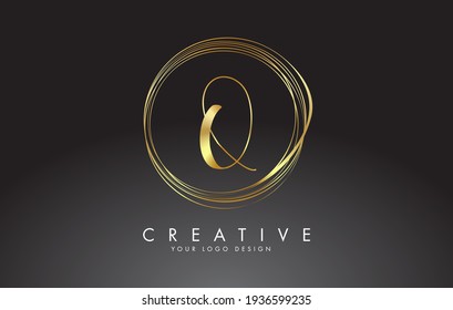 Logo manuscrito Q Golden Letters con un diseño minimalista. Icono Q con Círculos de Oro Circulares. Ilustración de vectores de sello creativo con letra Q. 