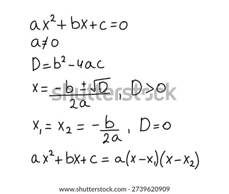 Handwritten quadratic equation formulas on white background for math education and study materials