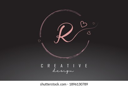 Handwritten R Letter Logo Design with Dust Pink Watercolor Ring and Outline Hearts. Creative R letter logo. 