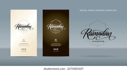 Handwritten Ramadan Kareem greetings with gold ornament on black gold and light brown gradient background - Flat design template for stories social media post