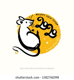 Handwritten Rat 2020. Cute white mouse. Year of the rat inscription on the background of yellow round stamp. New Year on the Chinese calendar.