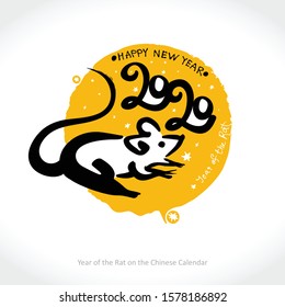Handwritten Rat 2020 on the background of yellow round stamp. Year of the rat New Year on the Chinese calendar.