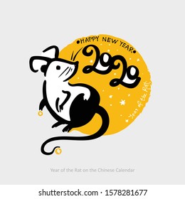 Handwritten Rat 2020 on the background of yellow round stamp. Year of the rat New Year on the Chinese calendar.
