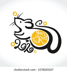 Handwritten Rat 2020. Year of the rat inscription on the background of yellow round stamp. New Year on the Chinese calendar.
