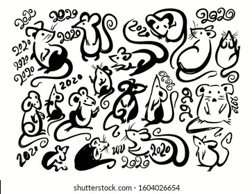 Handwritten Rats 2020. Ink brush calligraphy Rats and Mice and 2020. Year of the rat on the Chinese calendar.