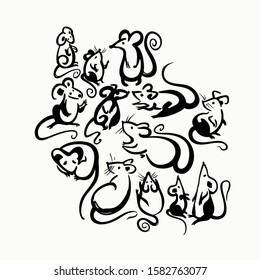 Handwritten Rats 2020. Set of brush drawn cartoon mice. Ink brush calligraphy. Year of the rat on the Chinese calendar.