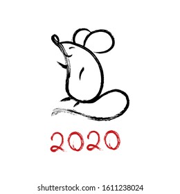 Handwritten Rats 2020. Set of brush drawn cartoon mice. Ink brush calligraphy. Year of the rat on the Chinese calendar.