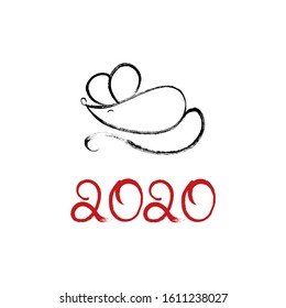 Handwritten Rats 2020. Set of brush drawn cartoon mice. Ink brush calligraphy. Year of the rat on the Chinese calendar.
