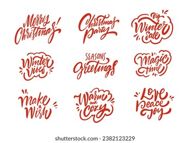 Handwritten red color phrases set Merry Christmas and Happy New Year. Vector isolated on white background.