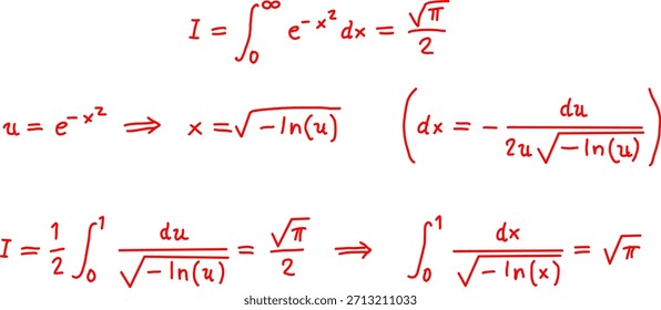 Notas matemáticas escritas à mão em vermelho mostrando transformações integrais, etapas de substituição e fórmulas de cálculo em um fundo branco, ideal para educação e conteúdo de CTEM.
