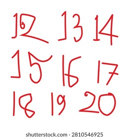 Handwritten red numbers from twelve to twenty isolated on a white background