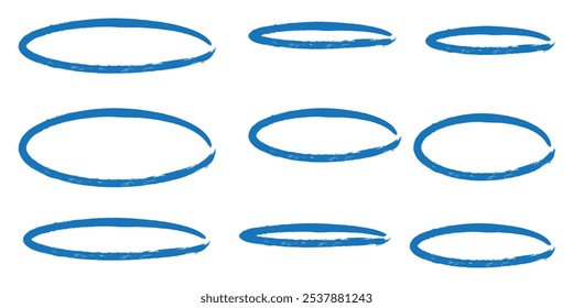 Círculos redondos vermelhos manuscritos definidos. Caneta ou marcador rabiscar rabisco, bordas de lápis, ovais grunge, quadro de linha em estilo estirado à mão na moda. Ilustração isolada de vetor.
