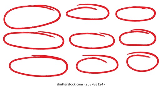 Handwritten Red round circles set. Pen or marker doodle scribble, pencil borders, grunge ovals, line frame i trendy hand drawn style. Isolated vector illustration.