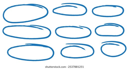 Handwritten Red round circles set. Pen or marker doodle scribble, pencil borders, grunge ovals, line frame i trendy hand drawn style. Isolated vector illustration.