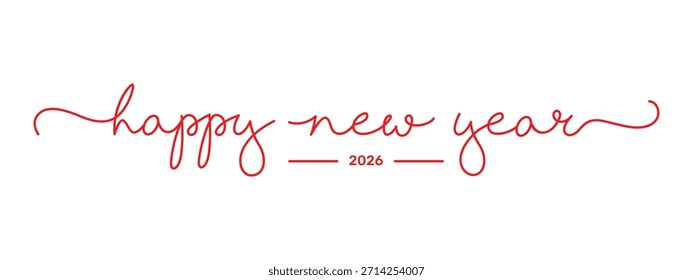 Handwritten Red Script Lettering "Happy New Year 2026" with Minimalist Line Accents, Isolated Vector Greeting Card Element