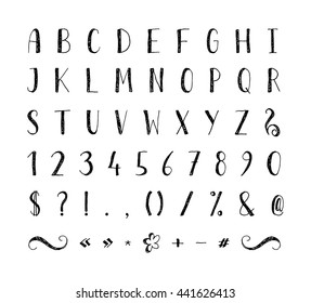 Handwritten regular grunge font with punctuation marks on white background. Uppercase font contains question mark, exclamation point, period, comma, dash, hyphen, bracket etc. Vector illustration.