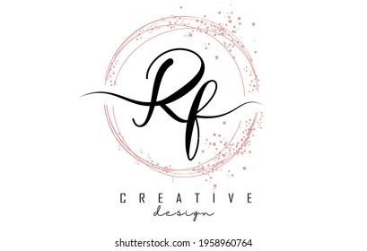 Handwritten RF R F letter logo with sparkling circles with pink glitter. Decorative vector illustration with R and F letters.