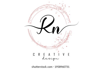 Handwritten Rn R n letter logo with sparkling circles with pink glitter. Decorative vector illustration with R and n letters.