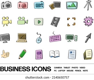 Handgeschriebene grobe Icon-Set für Kameras, Videos, Computer, Unternehmen, etc.