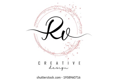 Handwritten RV R V letter logo with sparkling circles with pink glitter. Decorative vector illustration with R and V letters.