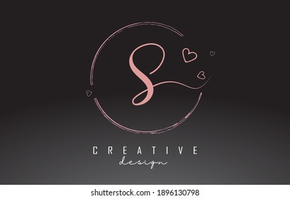 Handwritten S Letter Logo Design with Dust Pink Watercolor Ring and Outline Hearts. Creative S letter logo. 