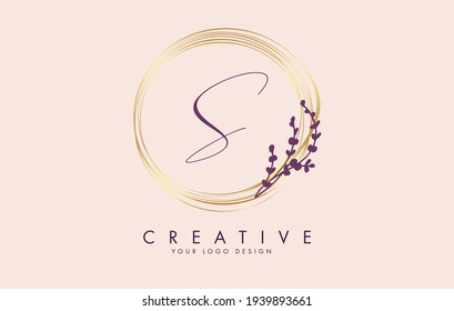 Handwritten S Letter logo design with golden circles and white leaves on branches. Vector Illustration with S letter for personal branding, corporate, business, eco friendly or natural products. 