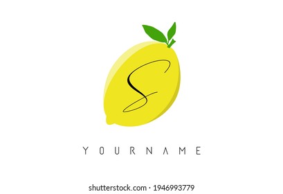 Handgeschriebenes Logo-Design des S-Briefes mit Zitronenhintergrund. Kreative Vektorgrafik mit Zitrone und Buchstaben S.