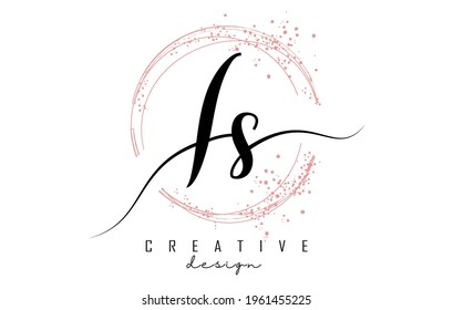 Handwritten IS I S letter logo with sparkling circles with pink glitter. Decorative vector illustration with I and S letters.