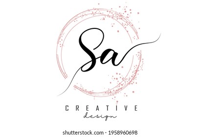 Handwritten SA S A letter logo with sparkling circles with pink glitter. Decorative vector illustration with S and A letters.