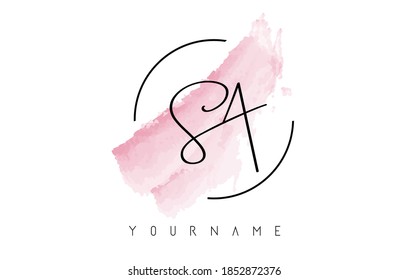 Handwritten SA S A Letters. Logo with Pink Pastel Watercolor Brush Stroke Concept and Circular Rounded Design. 