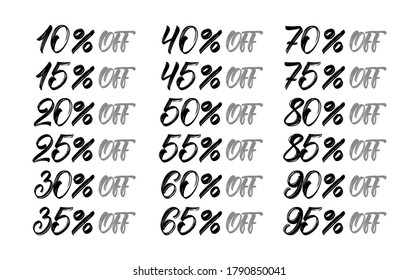 Handwritten Sale and discount tags. Up to 10, 15, 20, 25, 30, 35, 40, 45, 50, 55, 60, 65, 70, 75, 80, 85, 90, 95 % percent off. Special offer.
