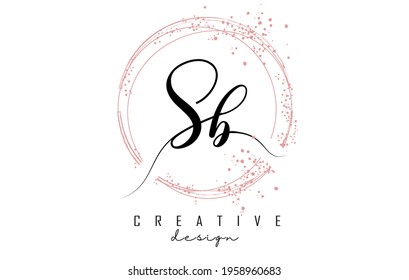 Handwritten SB S B letter logo with sparkling circles with pink glitter. Decorative vector illustration with S and B letters.