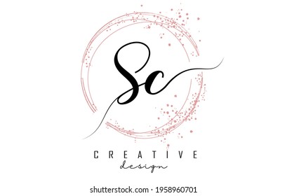 Handwritten SC S C letter logo with sparkling circles with pink glitter. Decorative vector illustration with S and C letters.