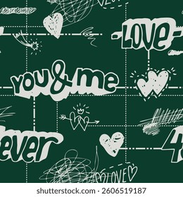 Handwritten School Romance Sketch on Green Board with Chalk Hearts and Notes