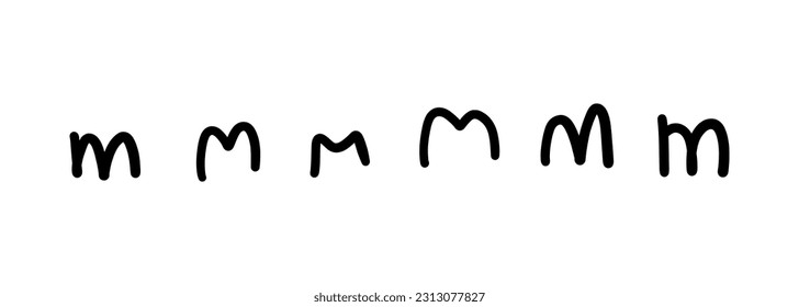 Handwritten scribble black english latin M alphabet letter symbol. Vector illustration in hand drawn doodle style isolated on white background. For decorating, kids book, card, learning, logo.