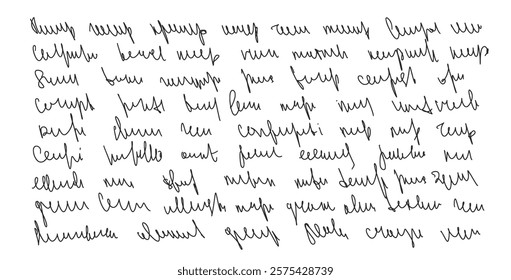 Handwritten scribble ink letter. Freehand text note. Unreadable doodle write by pencil isolated on white background. Illegible cursive script message. Vector hand drawn illustration.