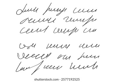 Handwritten scribble ink letter. Freehand text note. Unreadable doodle write by pencil isolated on white background. Illegible cursive script message. Vector hand drawn illustration.