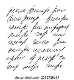 Handwritten scribble ink letter. Freehand text note. Unreadable doodle write by pencil isolated on white background. Illegible cursive script message. Vector hand drawn illustration.