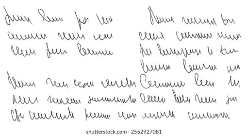 Handwritten scribble letter. Freehand memo text note. Unreadable doodle write by pen isolated on white background. Illegible cursive script message. Vector hand drawn illustration.