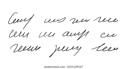 Handwritten scribble memo letter. Freehand text note. Unreadable doodle write by pen isolated on white background. Illegible cursive script message. Vector hand drawn illustration.