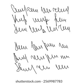 Handwritten scribble poem letter. Freehand text verse note. Unreadable doodle rough draft write by pen isolated on white background. Illegible cursive script message. Vector hand drawn illustration.