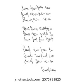 Handwritten scribble poem letter. Freehand text verse note. Unreadable doodle rough draft write by pen isolated on white background. Illegible cursive script message. Vector hand drawn illustration.