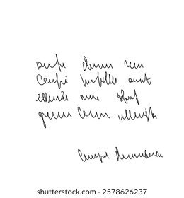 Handwritten scribble poem letter. Freehand text verse note. Unreadable doodle rough draft write by pen isolated on white background. Illegible cursive script message. Vector hand drawn illustration.