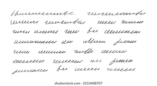 Handwritten scribble words, sentence letter. Freehand text note. Unreadable doodle write by pen isolated on white background. Illegible cursive script message. Vector hand drawn illustration.