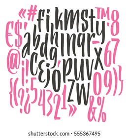 Handwritten script font. Brush font. Lowercase, numbers, punctuation 