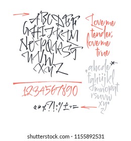 Handwritten script font. Brush font. Uppercase, numbers, punctuation 