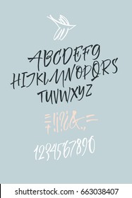 Handwritten script font. Brush font. Uppercase, numbers, punctuation 