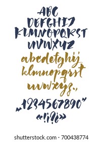 Handwritten script font. Brush font. Uppercase, numbers, punctuation 
