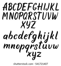 Handwritten script font. Hand drawn brush style calligraphy. Hand Lettering and typographic letters for design: logo, poster, invitation, card. Vector brush type set on white background.