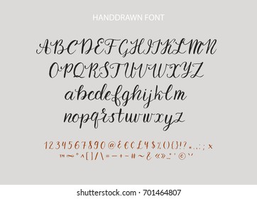 Handwritten Script font. Hand drawn brush style modern calligraphy cursive typeface. Hand Lettering and Custom Typography alphabet for Designs: Logo, Greeting Cards, Poster. Vector Brush type set.